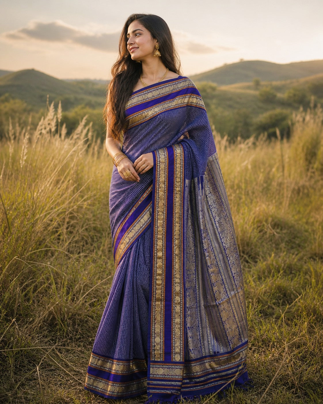 Zari kissed Checked design Silkcotton -BLU