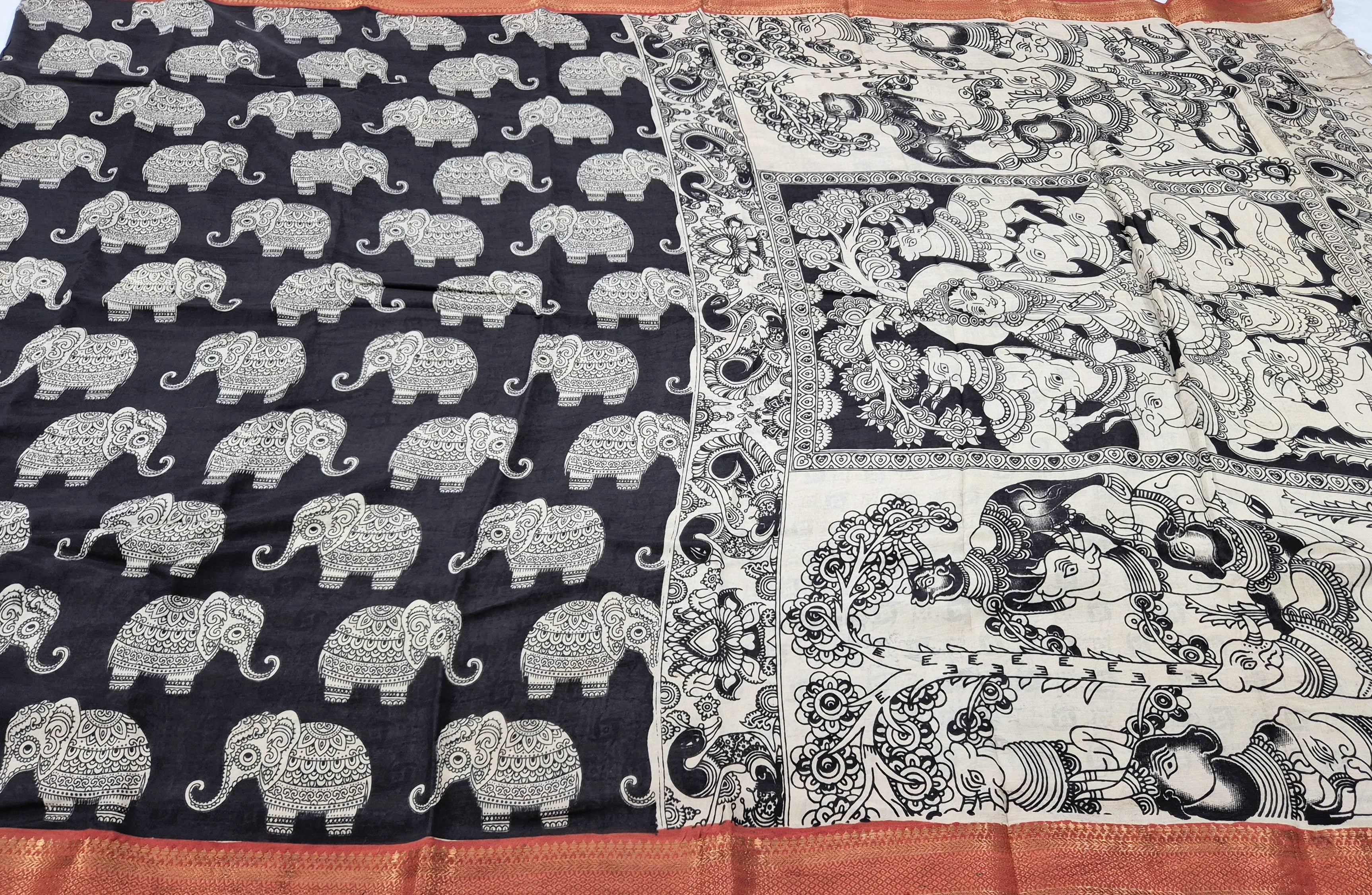 Elephant Printed Kalamkari Silk Saree