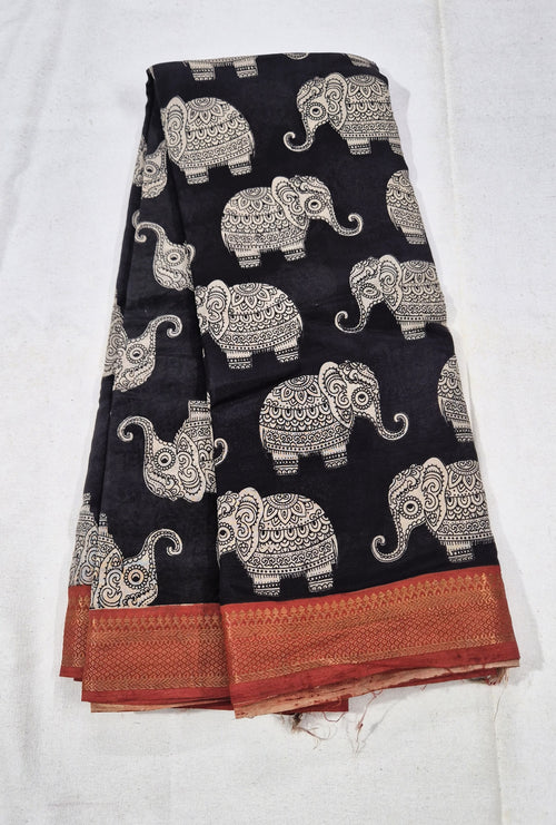Elephant Printed Kalamkari Silk Saree