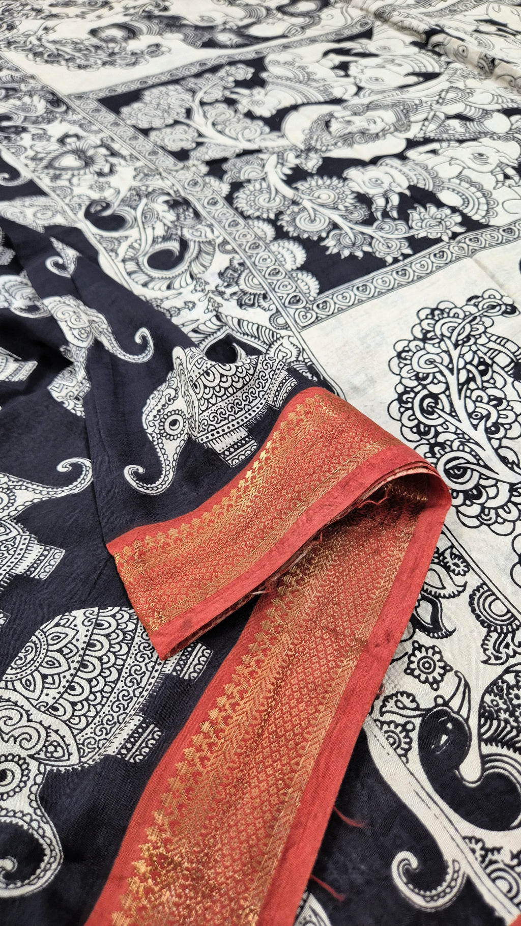 Elephant Printed Kalamkari Silk Saree