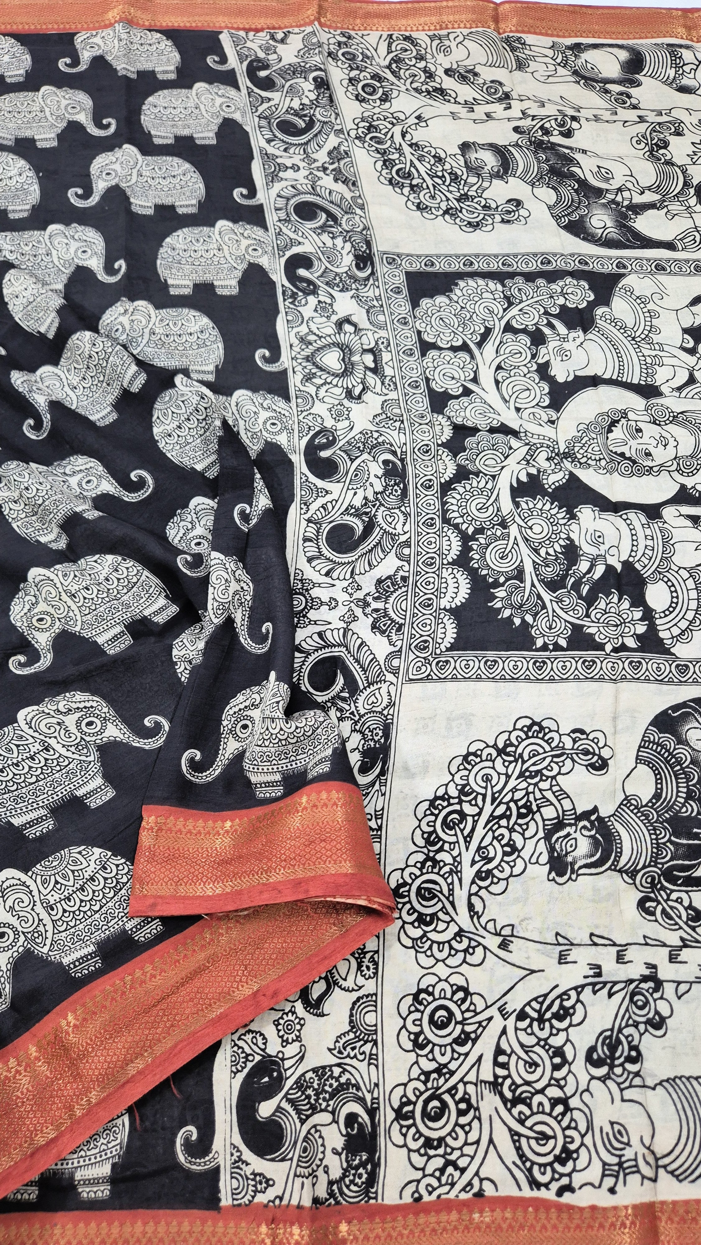Elephant Printed Kalamkari Silk Saree