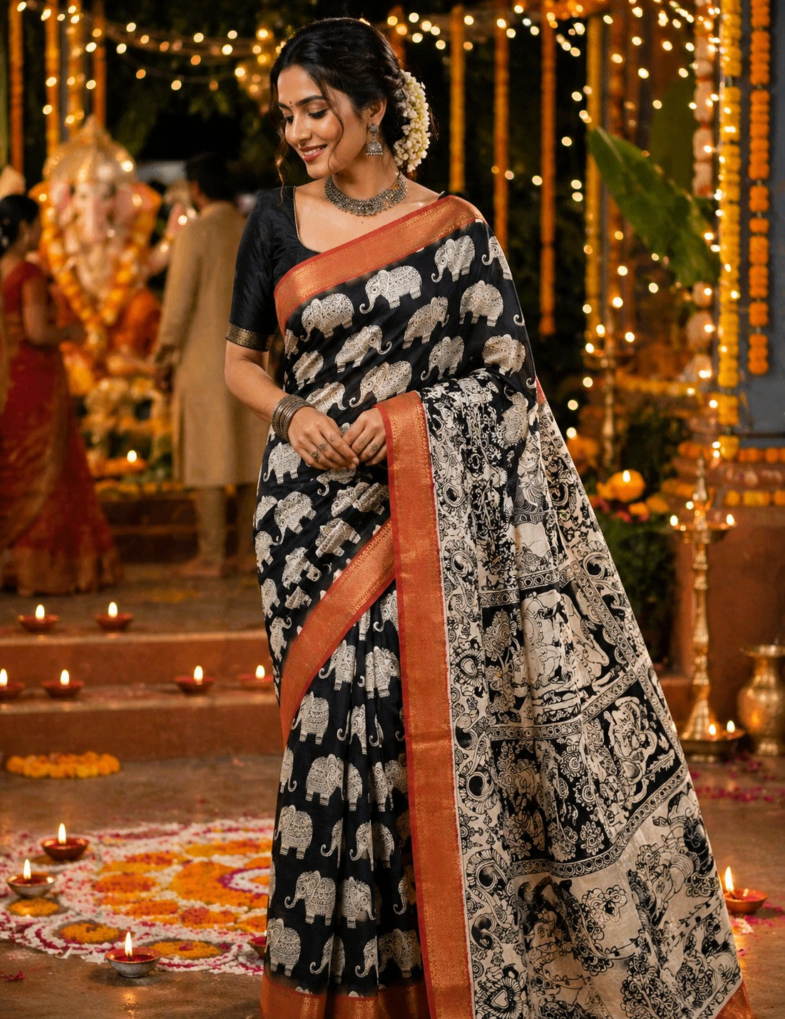 Elephant Printed Kalamkari Silk Saree