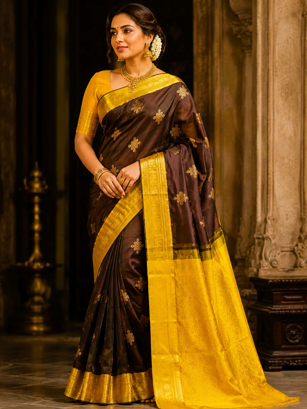 Kolam Weaved Silkcotton Saree -BRWN