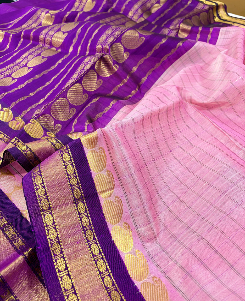 Korvai Silkcotton Checked saree -Pink