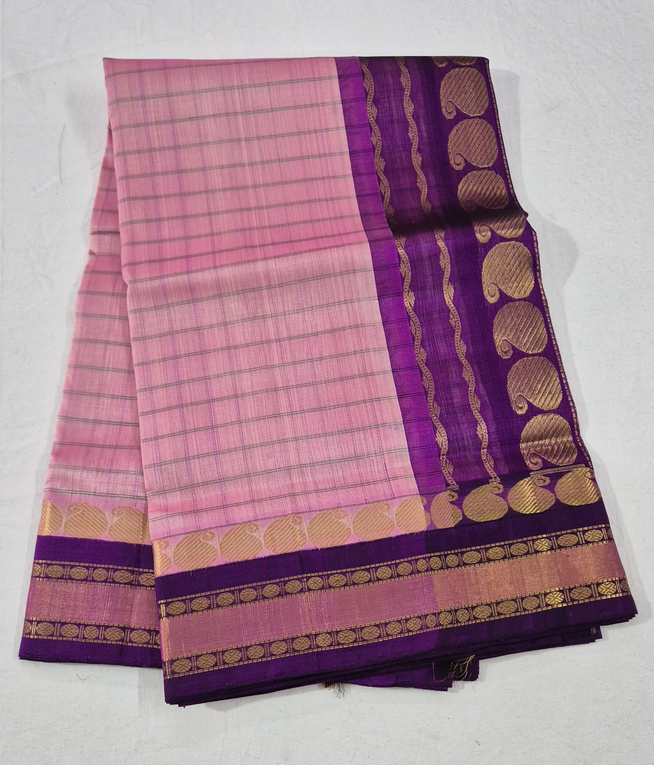 Korvai Silkcotton Checked saree -Pink