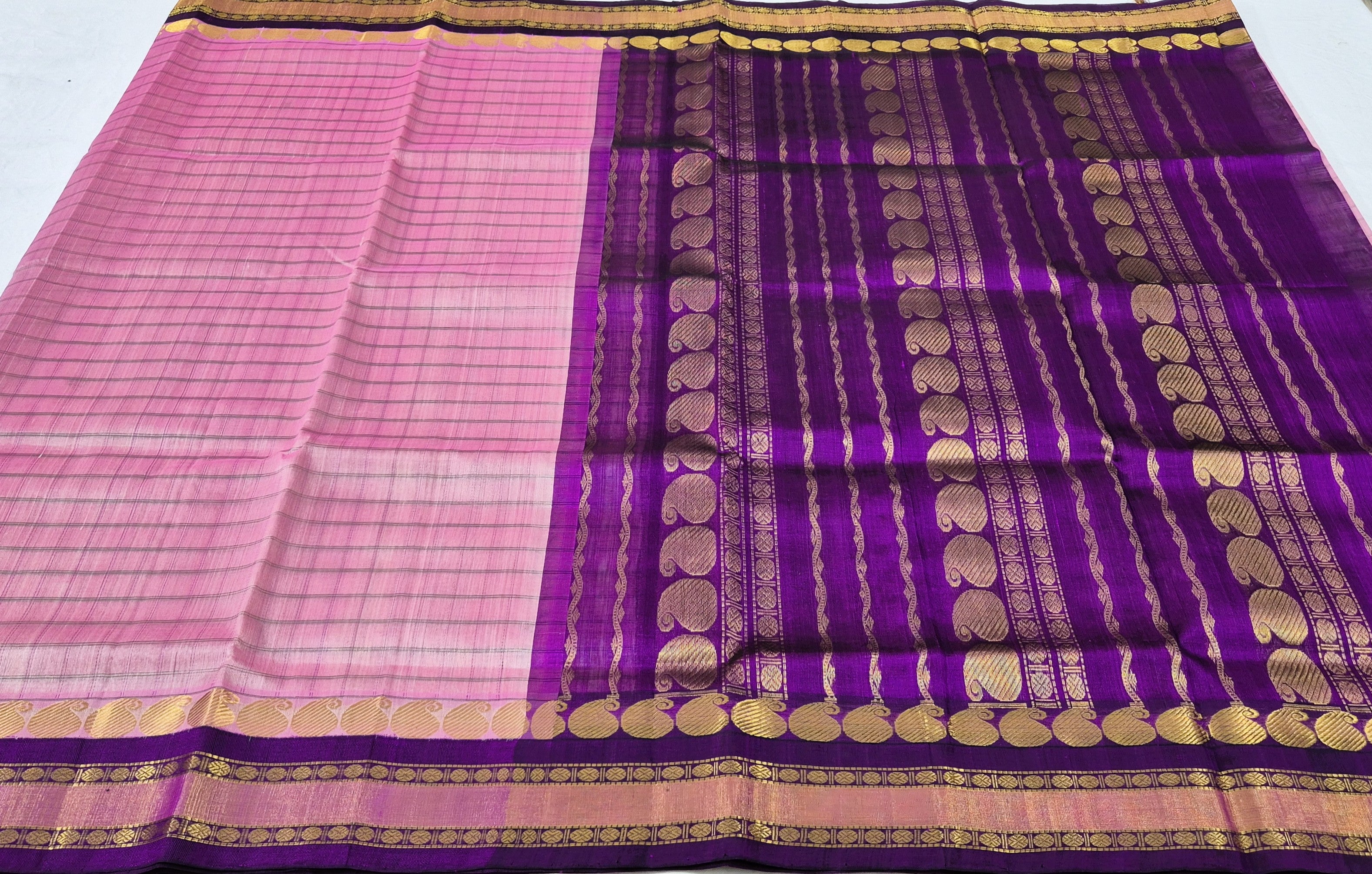 Korvai Silkcotton Checked saree -Pink