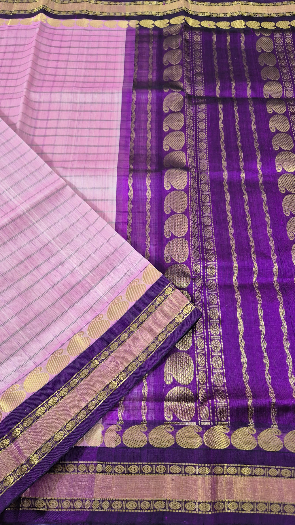 Korvai Silkcotton Checked saree -Pink
