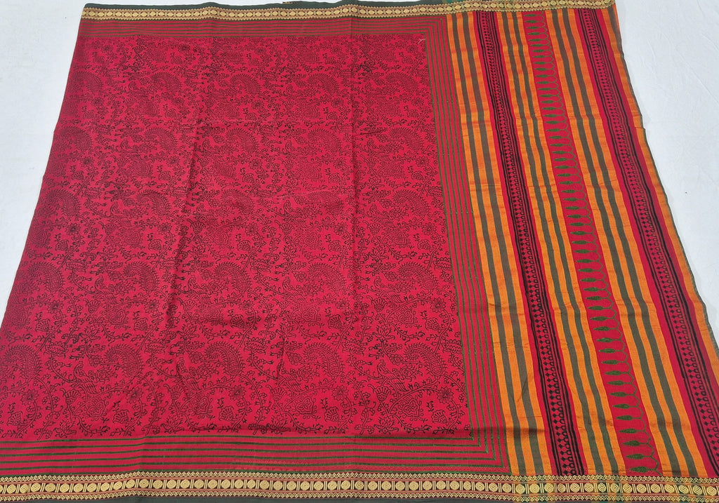 Narayanpet Cotton handblockprinted saree -Red