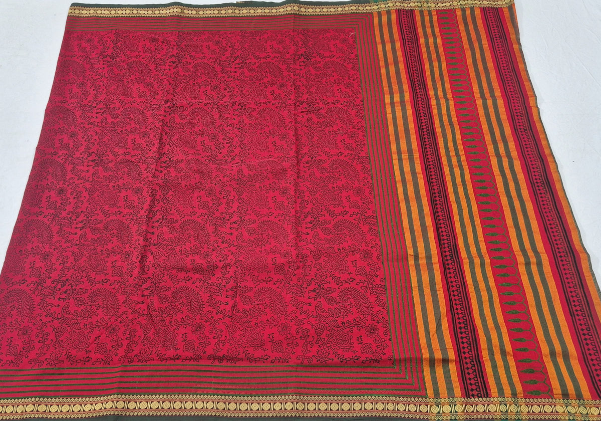 Narayanpet Cotton handblockprinted saree -Red