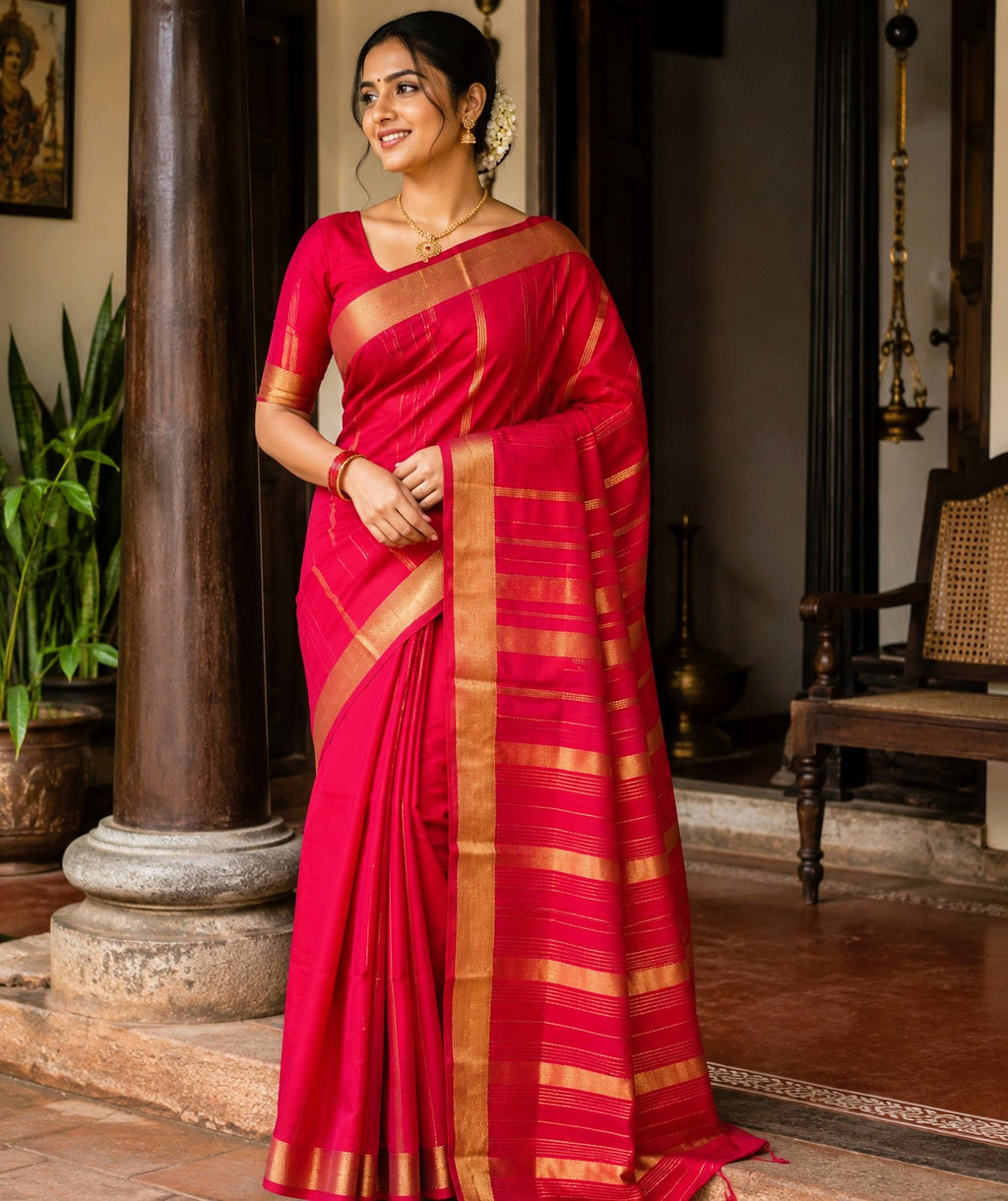Small border Plain silkcotton saree -Red