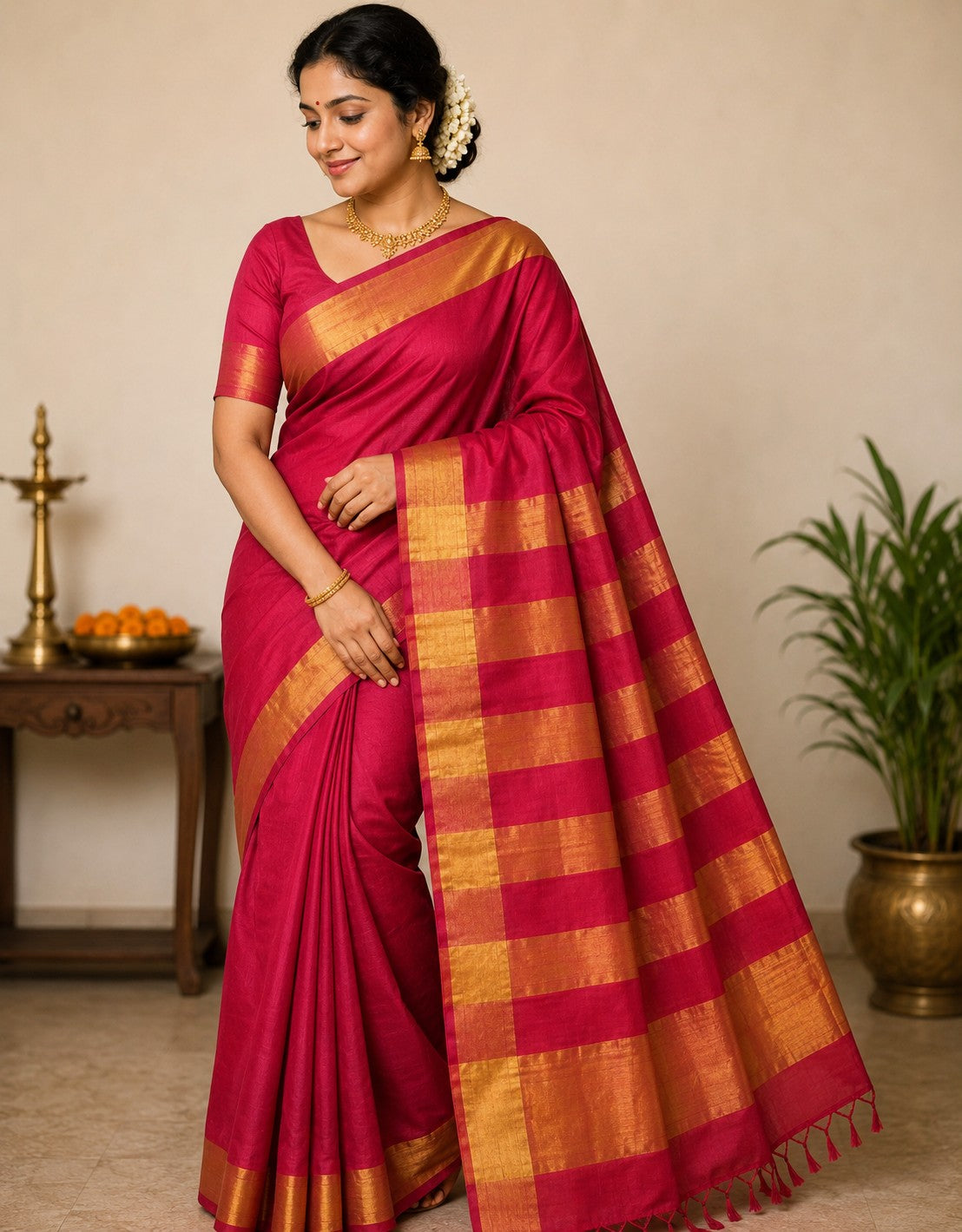 Tissue Zari border Silkcotton Saree -Red